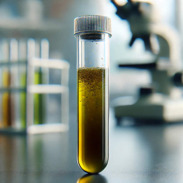 a test tube filled with darker greenish-yellow bile with no solid particles. The test tube is made of clear glass and has cap.