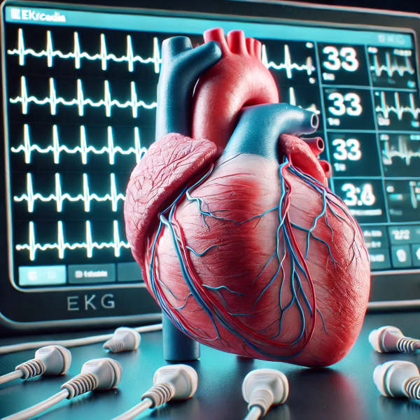 A hyperrealistic image of a human heart hooked up to EKG pads in front of an EKG machine. The EKG display shows a bradycardia pattern with slow rate