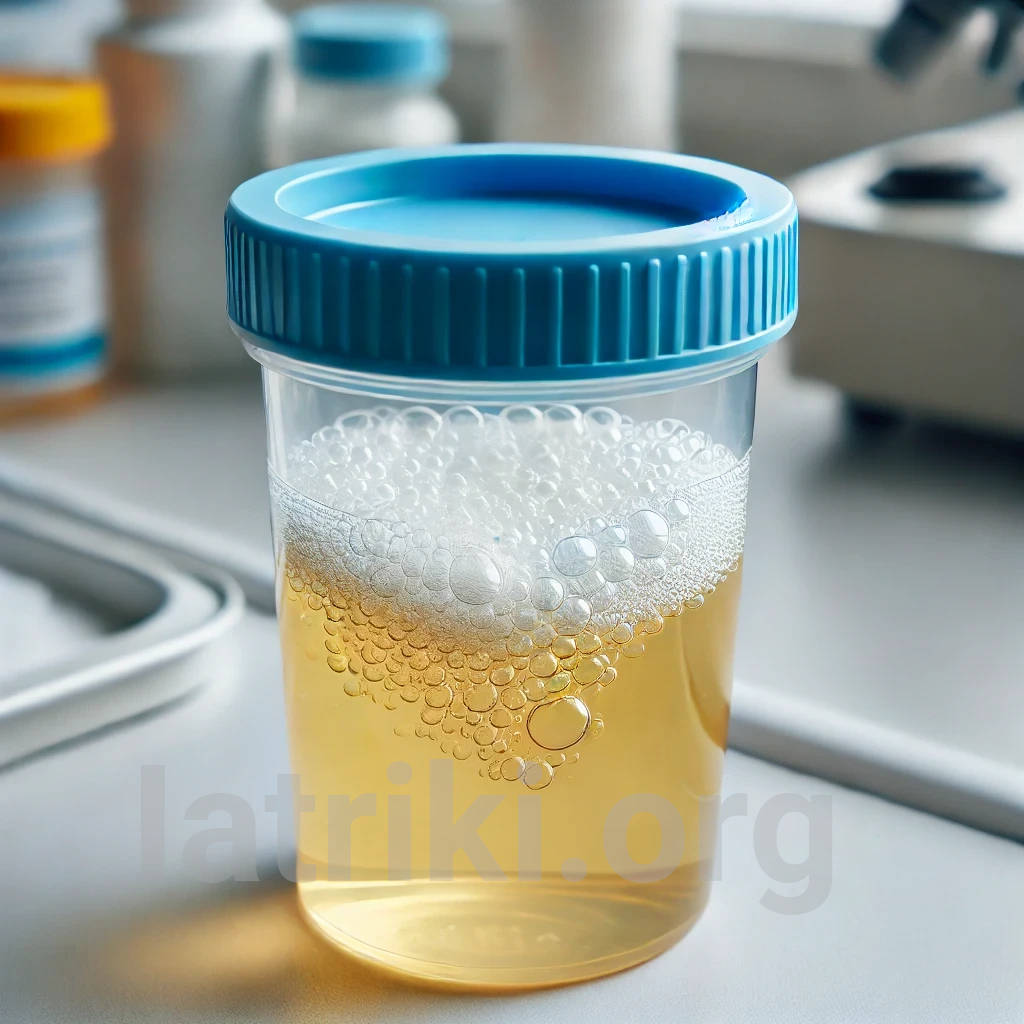 Urine container containing frothy urine