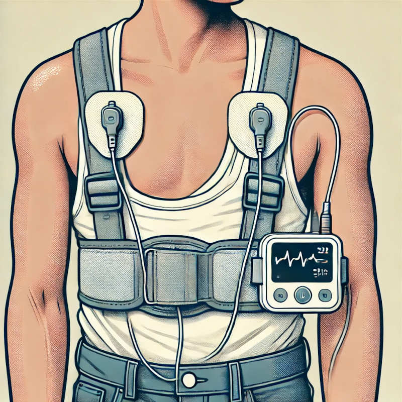 An illustration of a patient wearing a Holter monitor. The illustration should show electrodes attached to the patient's chest, connected to a Holter