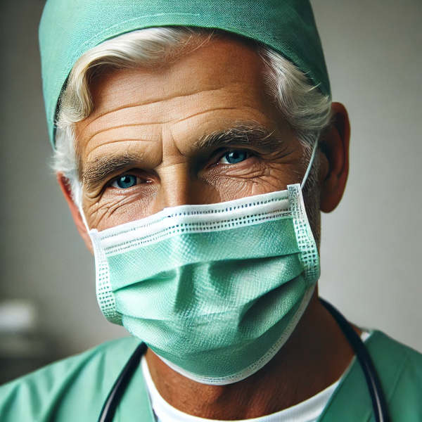 portrait of Older Surgeon, wearing mask and scrubs. Calm and engaging