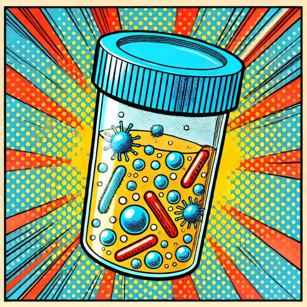 A retro comic-style illustration of a urine sample in a transparent cup with a blue lid. Inside the urine sample, numerous spherical and rod-like organism