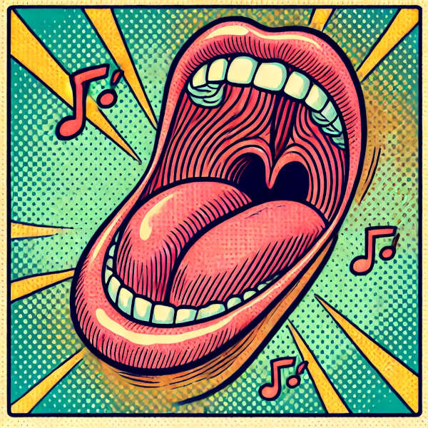 A retro cartoon vintage comic-like illustration of the vocal cords.