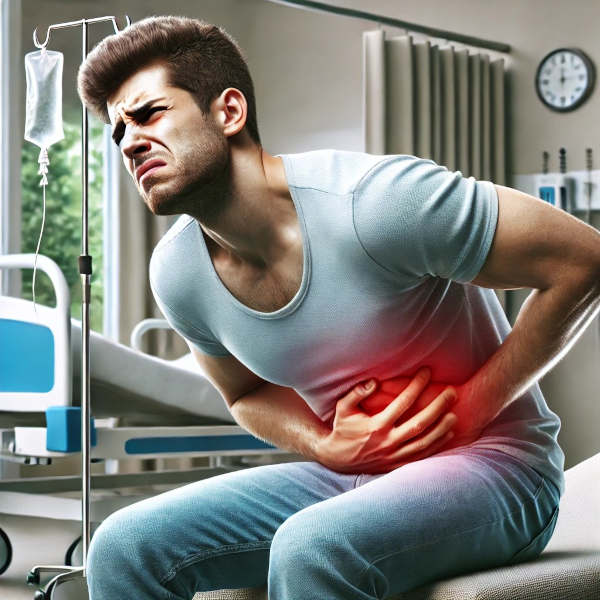 man in hospital with acute abdominal pain