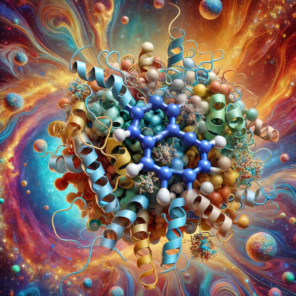 A detailed ball-and-stick model of Lactate Dehydrogenase (LDH) with a hyperrealistic cosmic soup background.