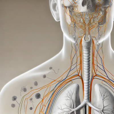 An anatomical illustration of the human body's nervous system. The image should depict the major nerves, including the spinal cord, branching out into the chest