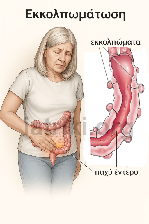 Εικόνα που απεικονίζει την παρουσία εκκολπωμάτων eκκολπωμάτωση στο παχύ έντερο, όπου επισημαίνονται τόσο τα εκκολπώματα όσο και το παχύ έντερο.
